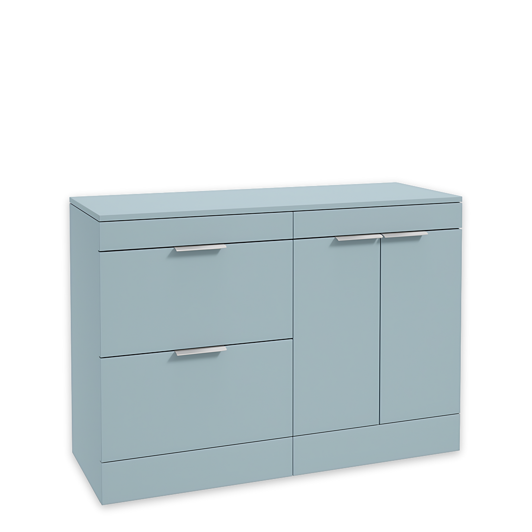 SONAS Stockholm 120cm floorstanding two drawer & two door vanity unit in Matt Morning Sky Blue with brushed chrome handles