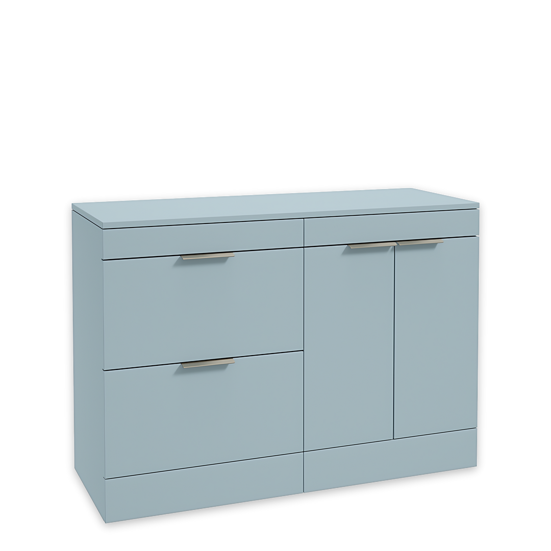 SONAS Stockholm 120cm floorstanding two drawer & two door vanity unit in Matt Morning Sky Blue with brushed nickel handles