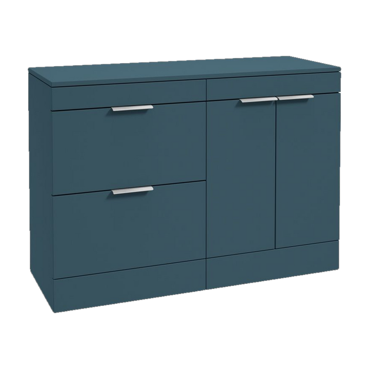 SONAS Stockholm 120cm floorstanding two drawer & two door vanity unit in Matt Ocean Blue with brushed chrome handles