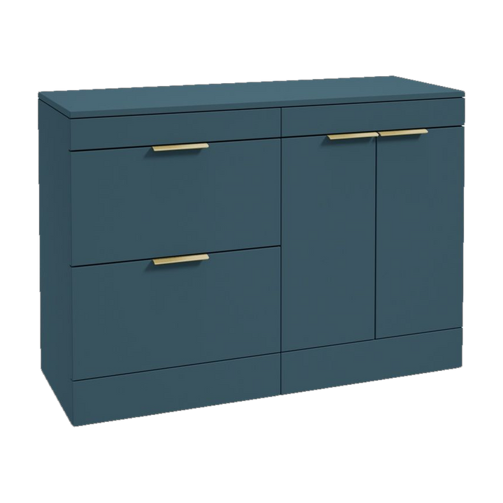 SONAS Stockholm 120cm floorstanding two drawer & two door vanity unit in Matt Ocean Blue with brushed gold handles