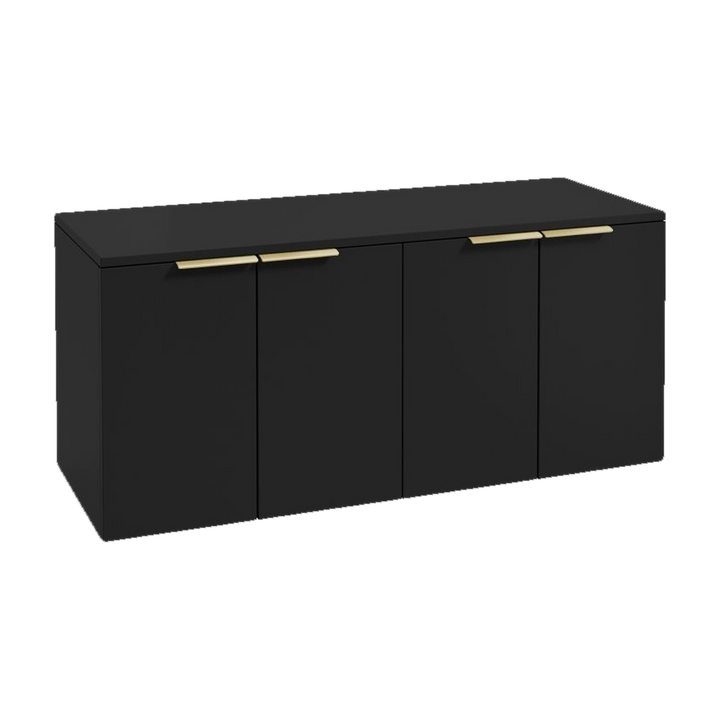 SONAS Stockholm 120cm wall hung four door vanity unit in Matt Black with brushed gold handles