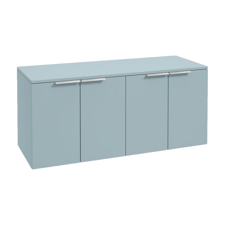 SONAS Stockholm 120cm wall hung four door vanity unit in Matt Morning Sky Blue with brushed chrome handles