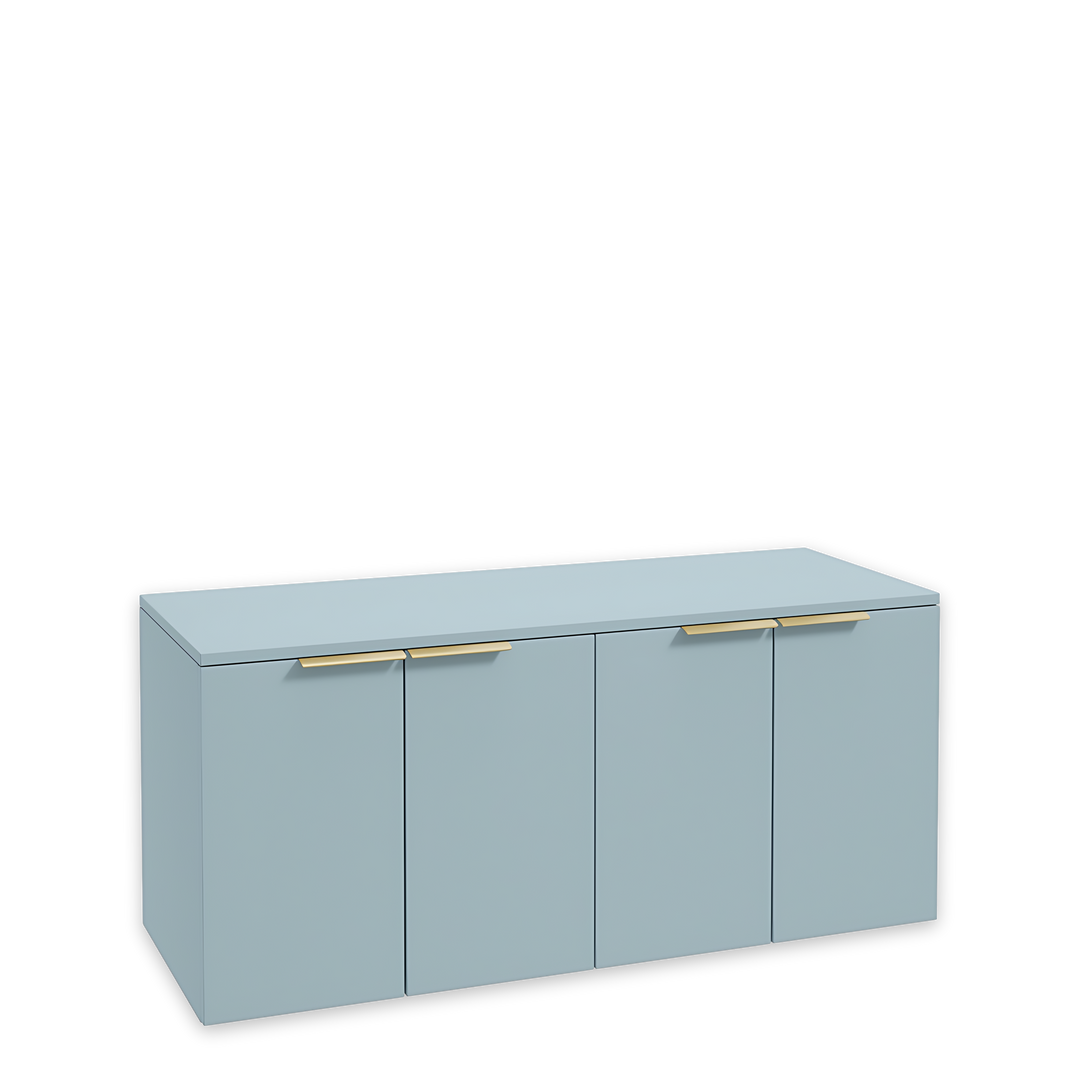 SONAS Stockholm 120cm wall hung four door vanity unit in Matt Morning Sky Blue with brushed gold handles