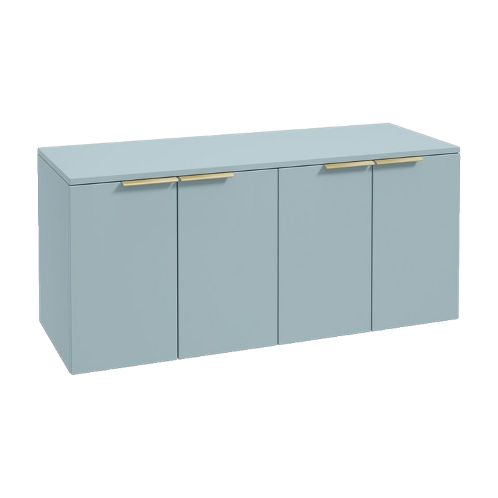 SONAS Stockholm 120cm wall hung four door vanity unit in Matt Morning Sky Blue with brushed gold handles