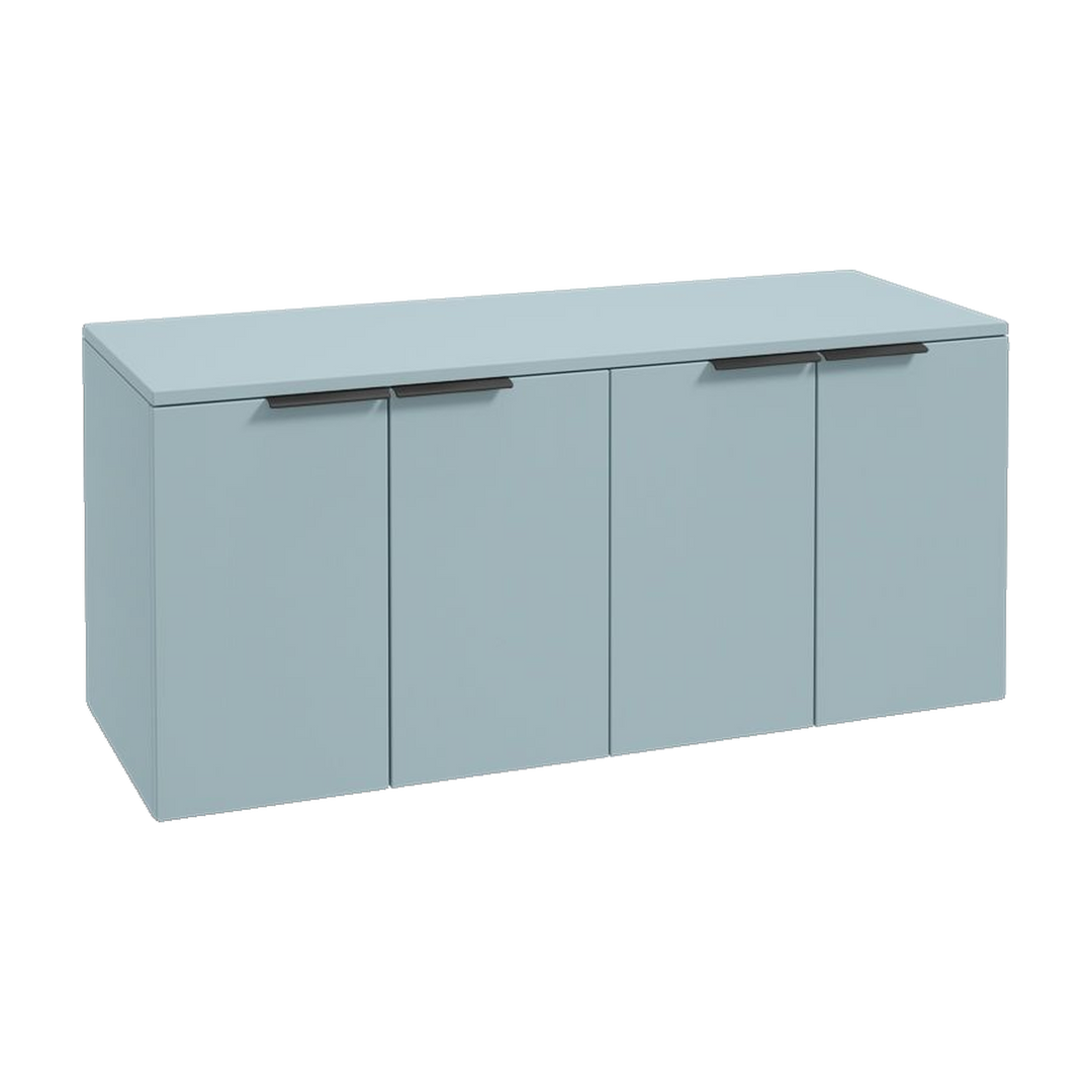 SONAS Stockholm 120cm wall hung four door vanity unit in Matt Morning Sky Blue with matt black handles