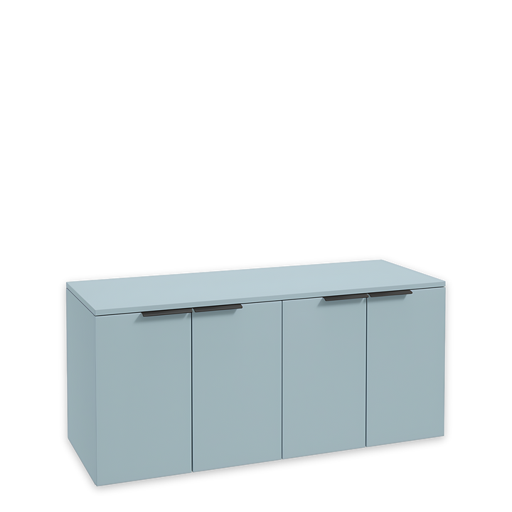SONAS Stockholm 120cm wall hung four door vanity unit in Matt Morning Sky Blue with matt black handles