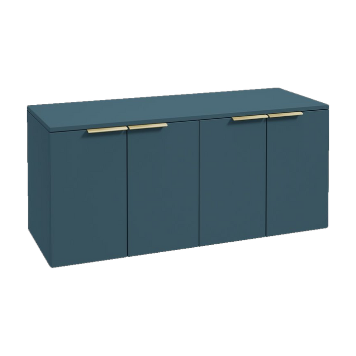 SONAS Stockholm 120cm wall hung four door vanity unit in Matt Ocean Blue with brushed gold handles