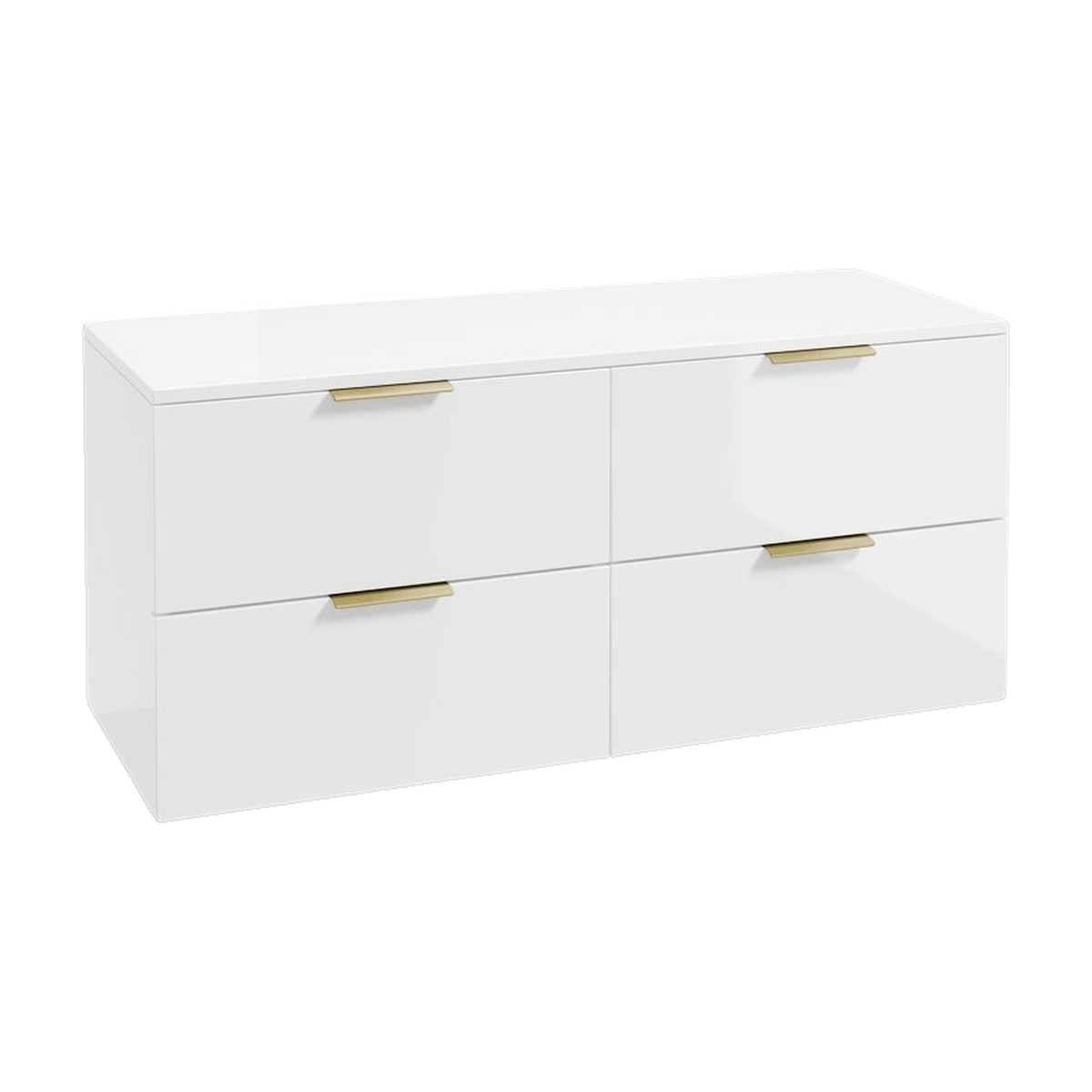 SONAS Stockholm 120cm wall hung four drawer vanity unit in Gloss White with brushed gold handles