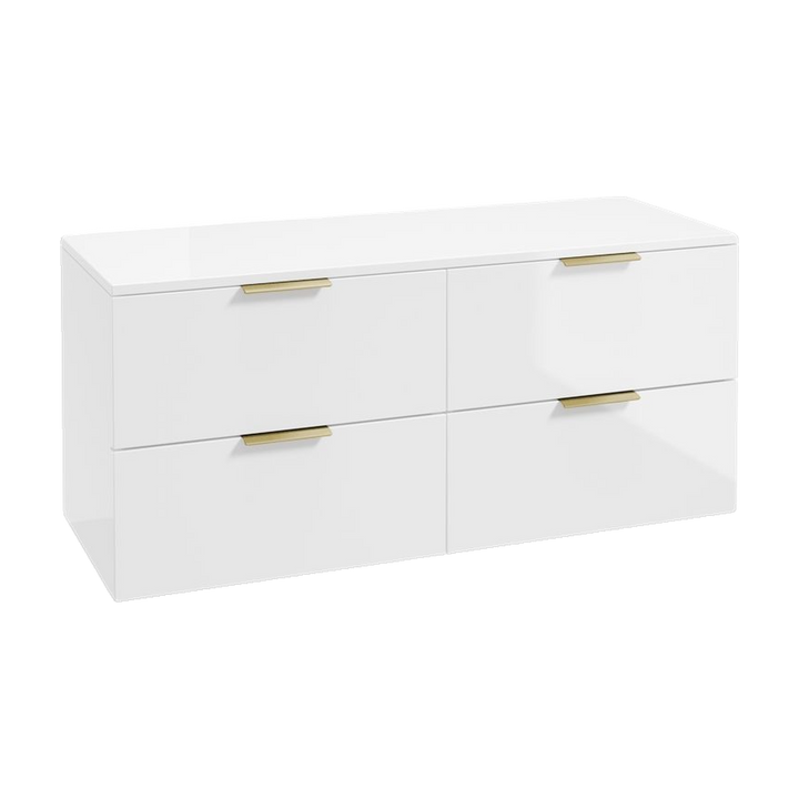 SONAS Stockholm 120cm wall hung four drawer vanity unit in Gloss White with brushed gold handles