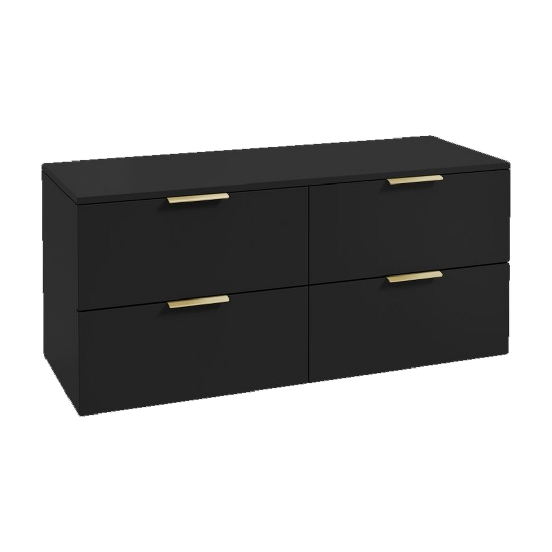 SONAS Stockholm 120cm wall hung four drawer vanity unit in Matt Black with brushed gold handles