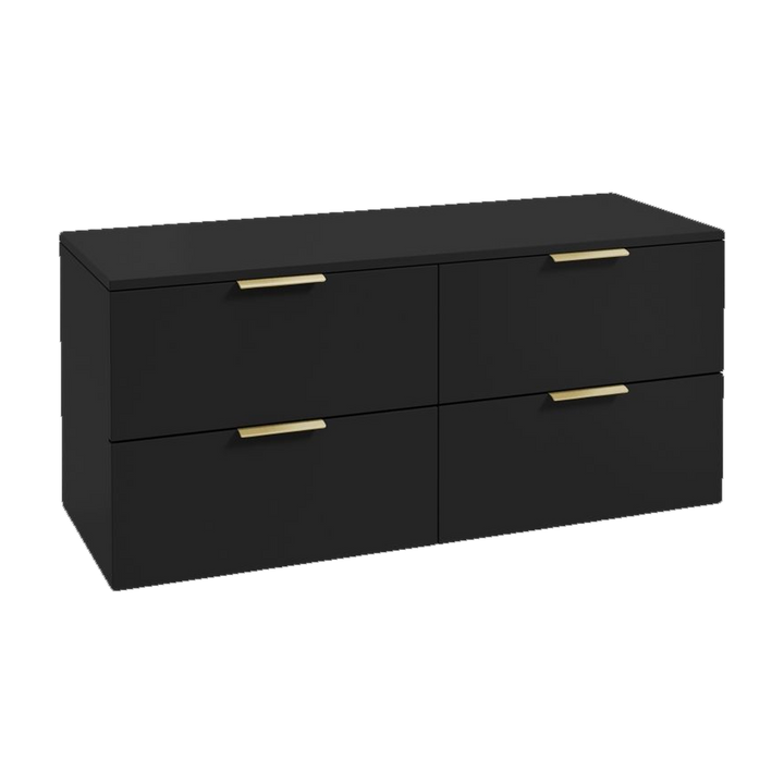 SONAS Stockholm 120cm wall hung four drawer vanity unit in Matt Black with brushed gold handles