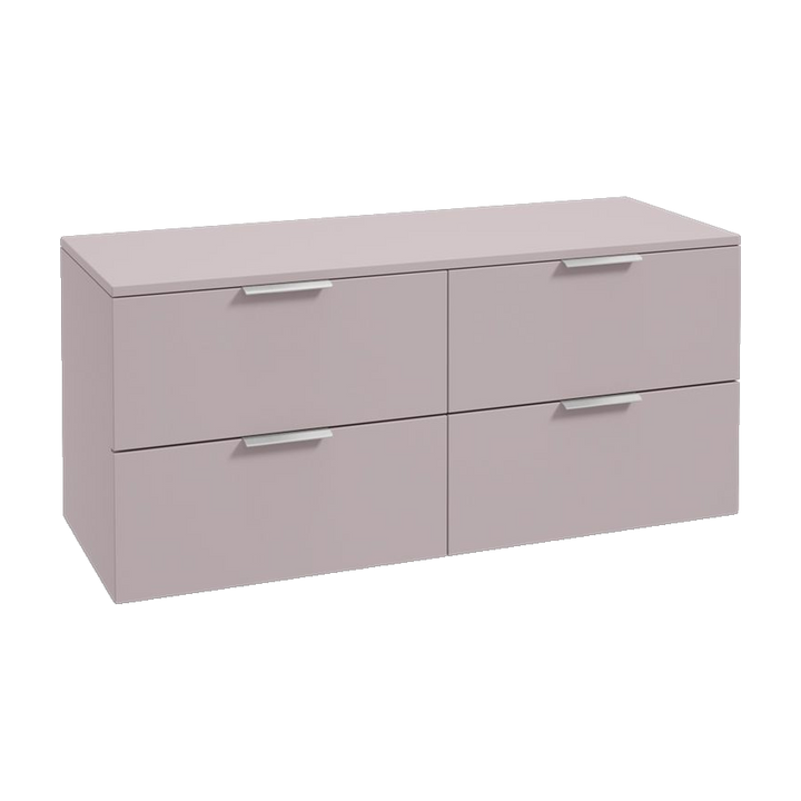 SONAS Stockholm 120cm wall hung four drawer vanity unit in Matt Cashmere Pink with brushed chrome handles