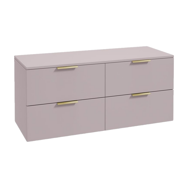 SONAS Stockholm 120cm wall hung four drawer vanity unit in Matt Cashmere Pink with brushed gold handles