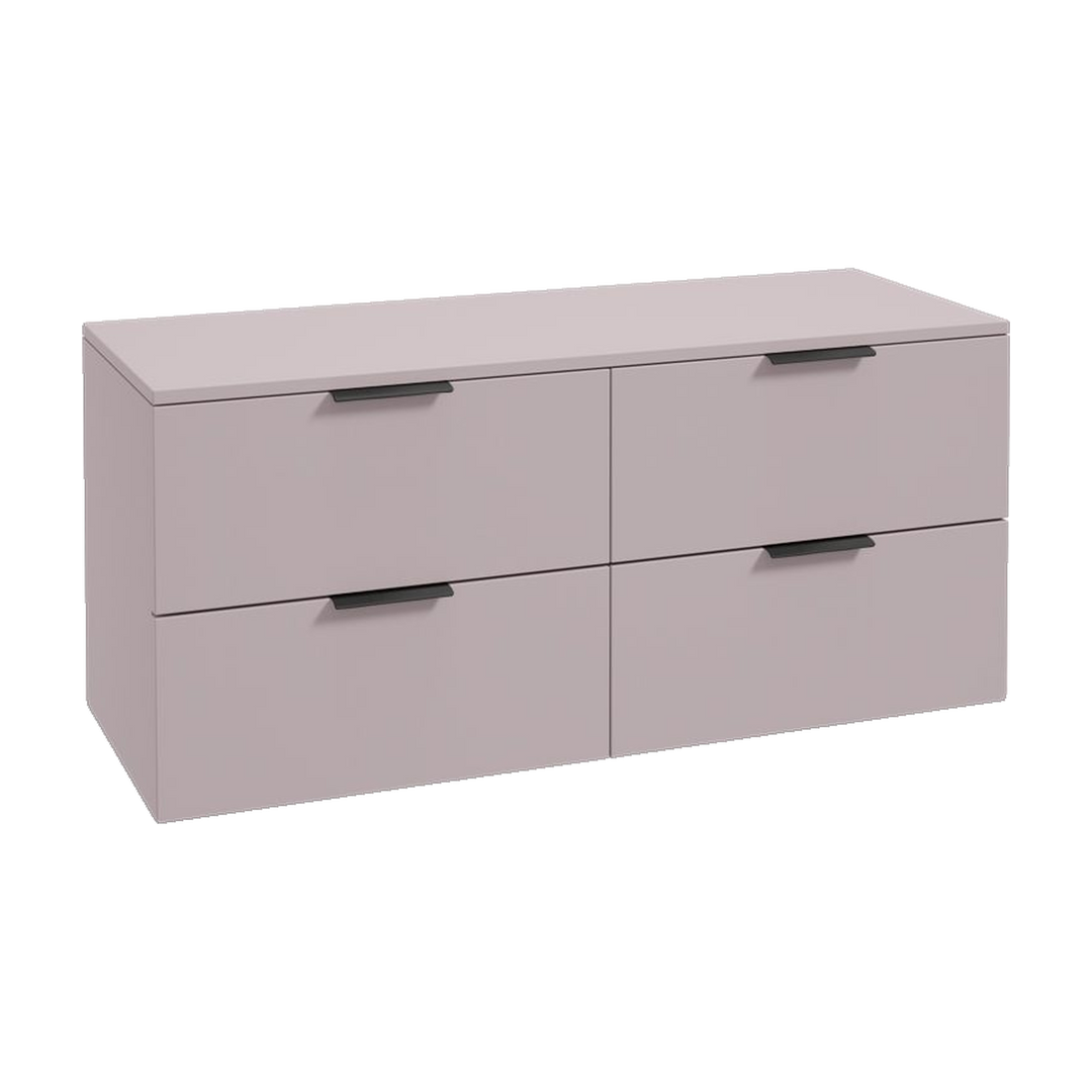 SONAS Stockholm 120cm wall hung four drawer vanity unit in Matt Cashmere Pink with matt black handles