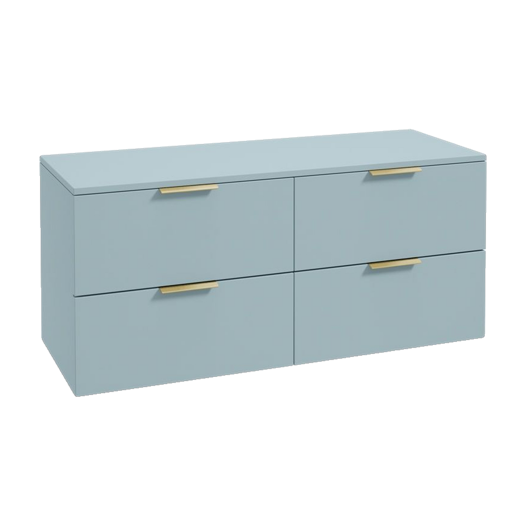 SONAS Stockholm 120cm wall hung four drawer vanity unit in Matt Morning Sky Blue with brushed gold handles