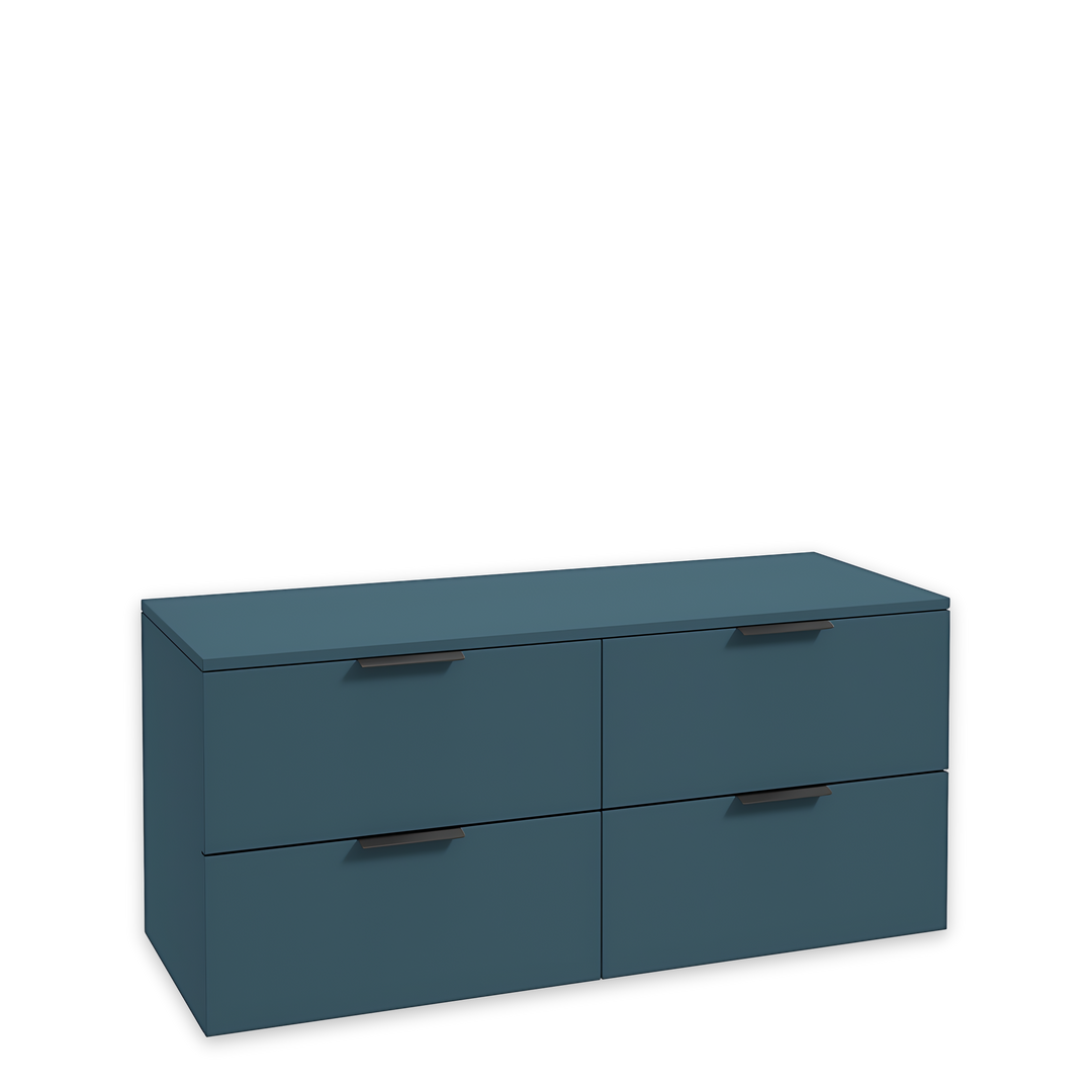 SONAS Stockholm 120cm wall hung four drawer vanity unit in Matt Ocean Blue with matt black handles