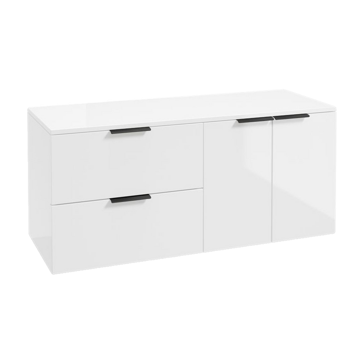 SONAS Stockholm 120cm wall hung two drawer & two door vanity unit in Gloss White with matt black handles