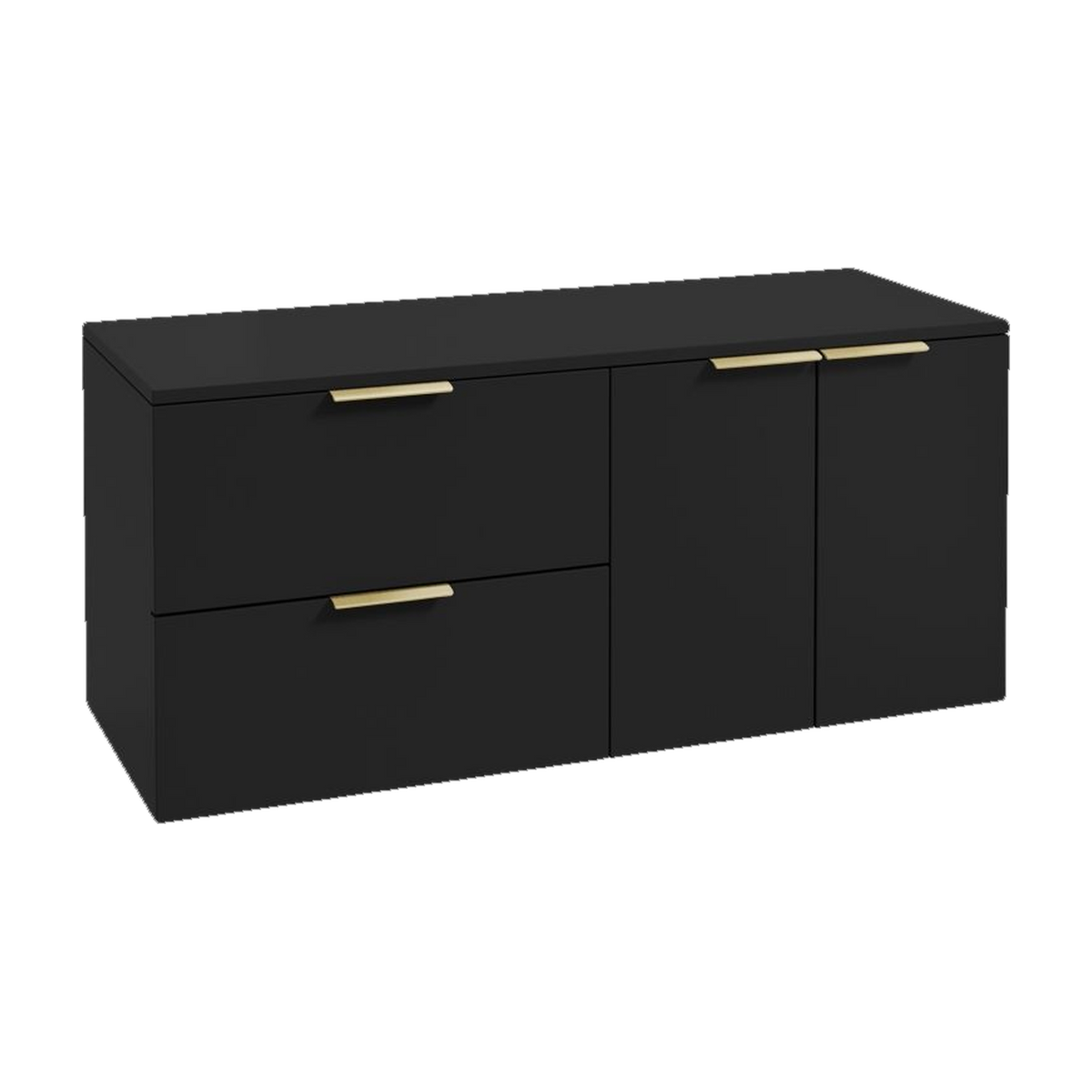 SONAS Stockholm 120cm wall hung two drawer & two door vanity unit in Matt Black with brushed gold handles