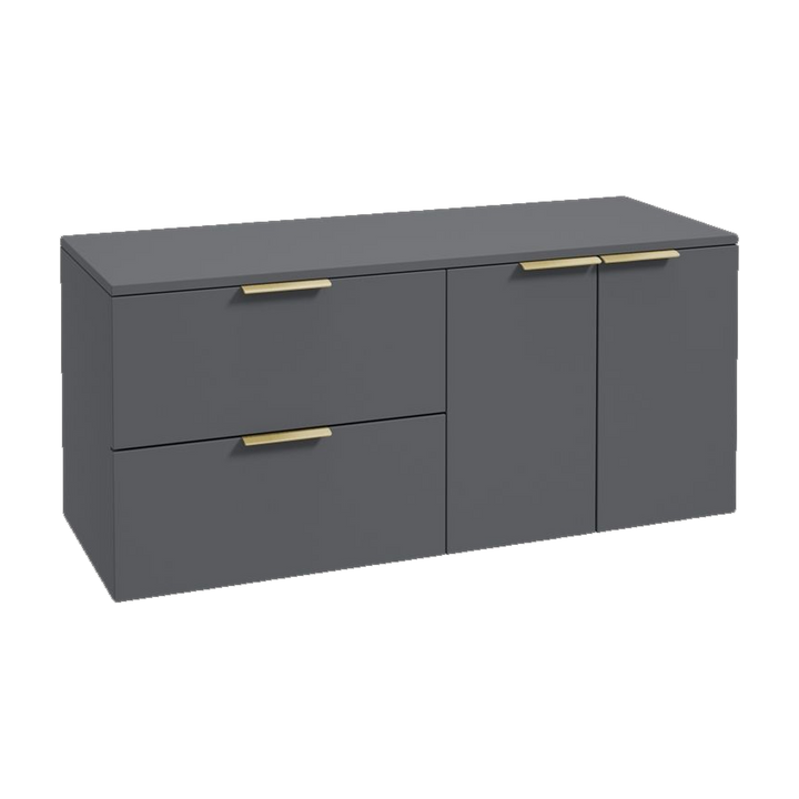 SONAS Stockholm 120cm wall hung two drawer & two door vanity unit in Matt Midnight Grey with brushed gold handles