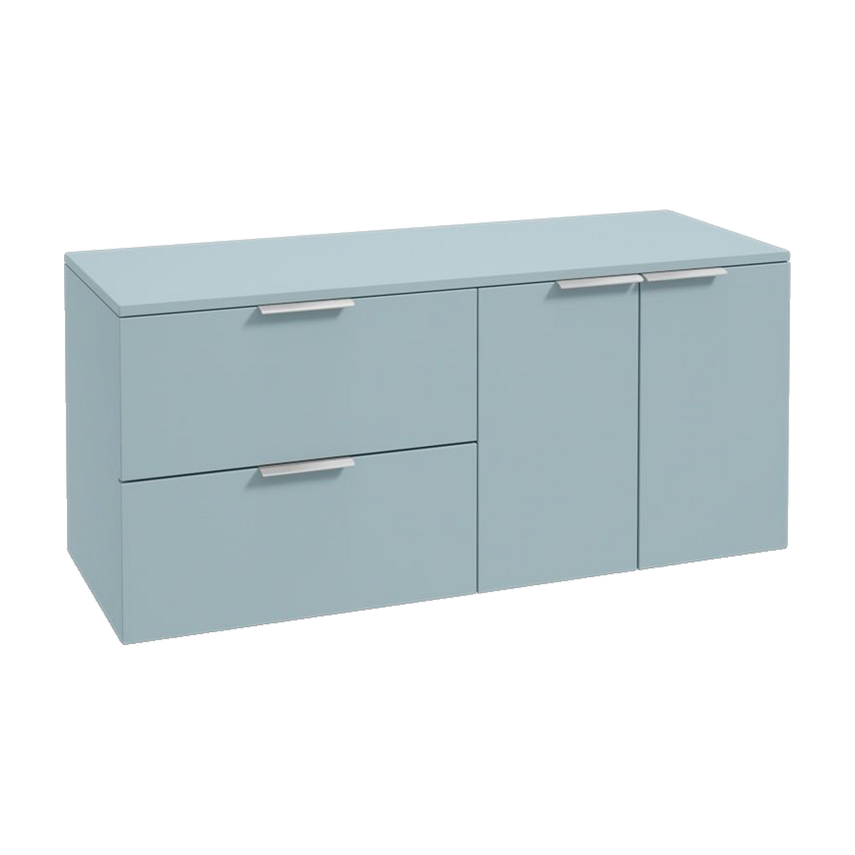 SONAS Stockholm 120cm wall hung two drawer & two door vanity unit in Matt Morning Sky Blue with brushed chrome handles