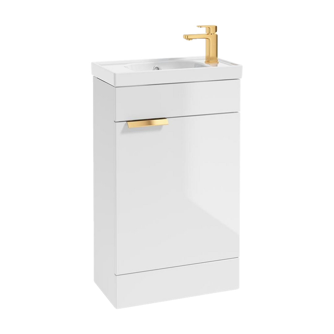 SONAS Stockholm 50cm floorstanding cloakroom vanity unit in Gloss White with brushed gold handles