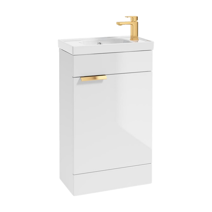 SONAS Stockholm 50cm floorstanding cloakroom vanity unit in Gloss White with brushed gold handles