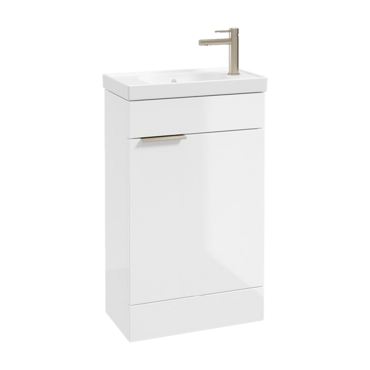 SONAS Stockholm 50cm floorstanding cloakroom vanity unit in Gloss White with brushed nickel handles