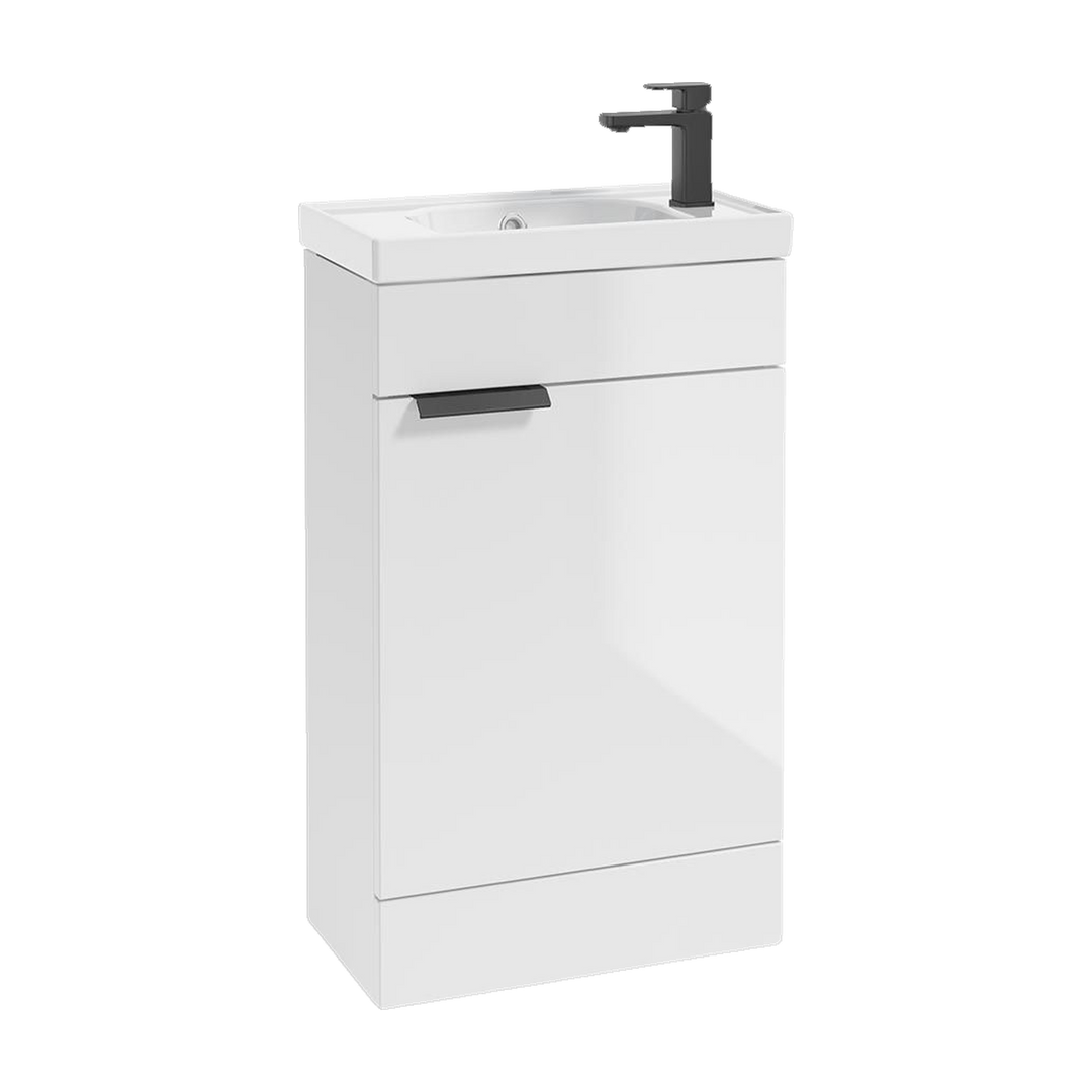 SONAS Stockholm 50cm floorstanding cloakroom vanity unit in Gloss White with matt black handles