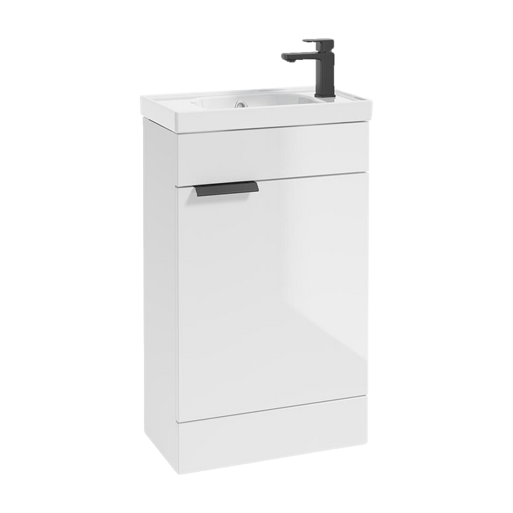 SONAS Stockholm 50cm floorstanding cloakroom vanity unit in Gloss White with matt black handles