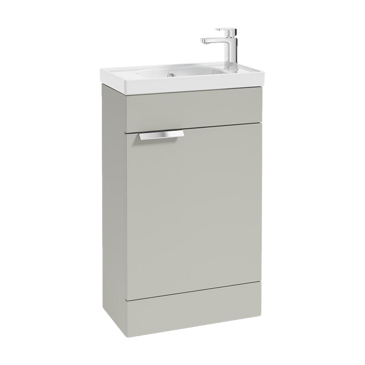 SONAS Stockholm 50cm floorstanding cloakroom vanity unit in Matt Arctic Grey with brushed chrome handles