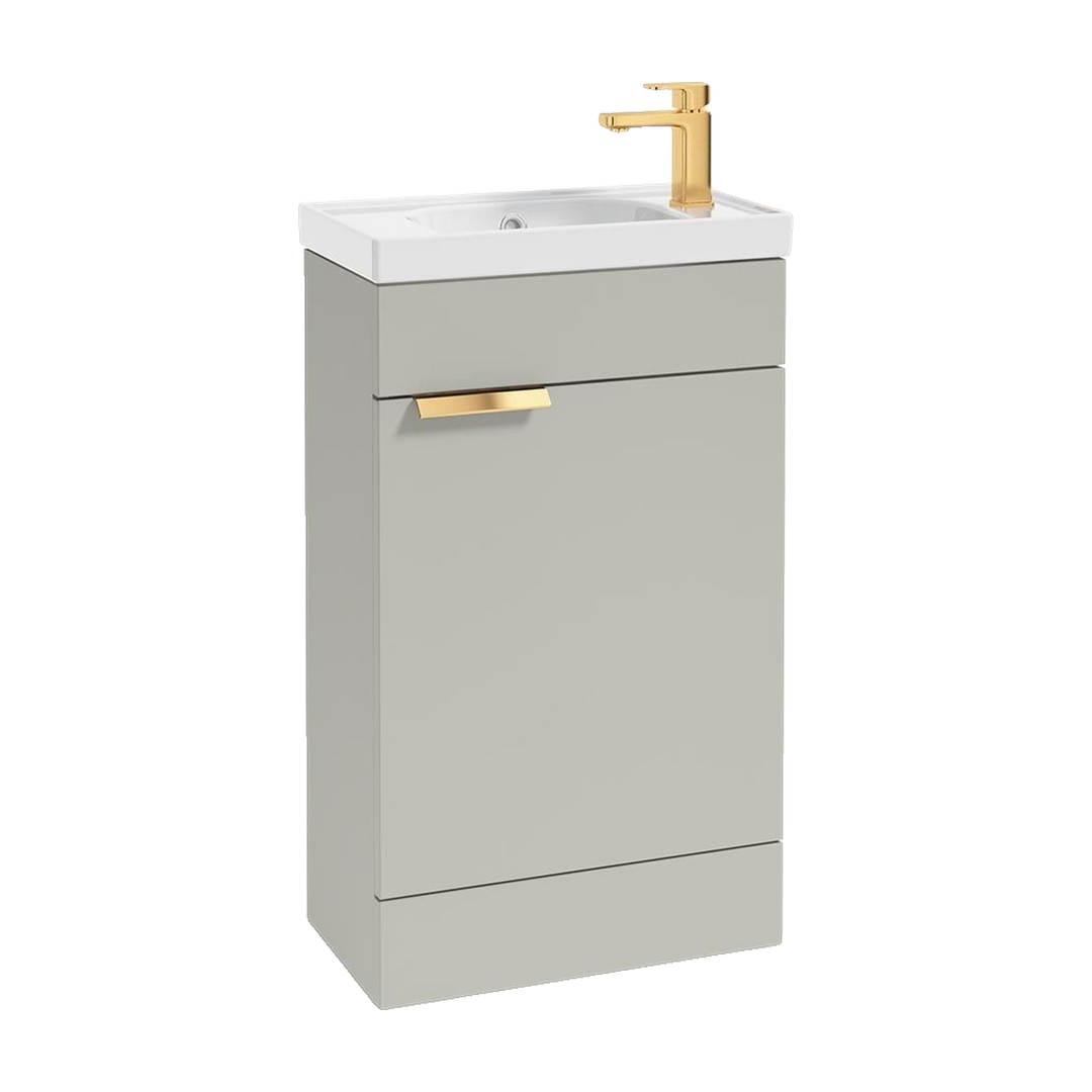 SONAS Stockholm 50cm floorstanding cloakroom vanity unit in Matt Arctic Grey with brushed gold handles