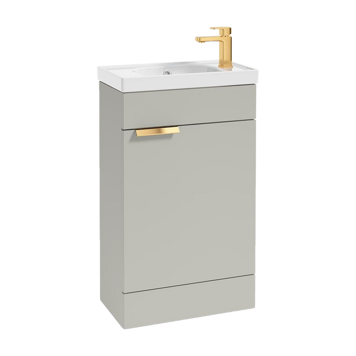 SONAS Stockholm 50cm floorstanding cloakroom vanity unit in Matt Arctic Grey with brushed gold handles