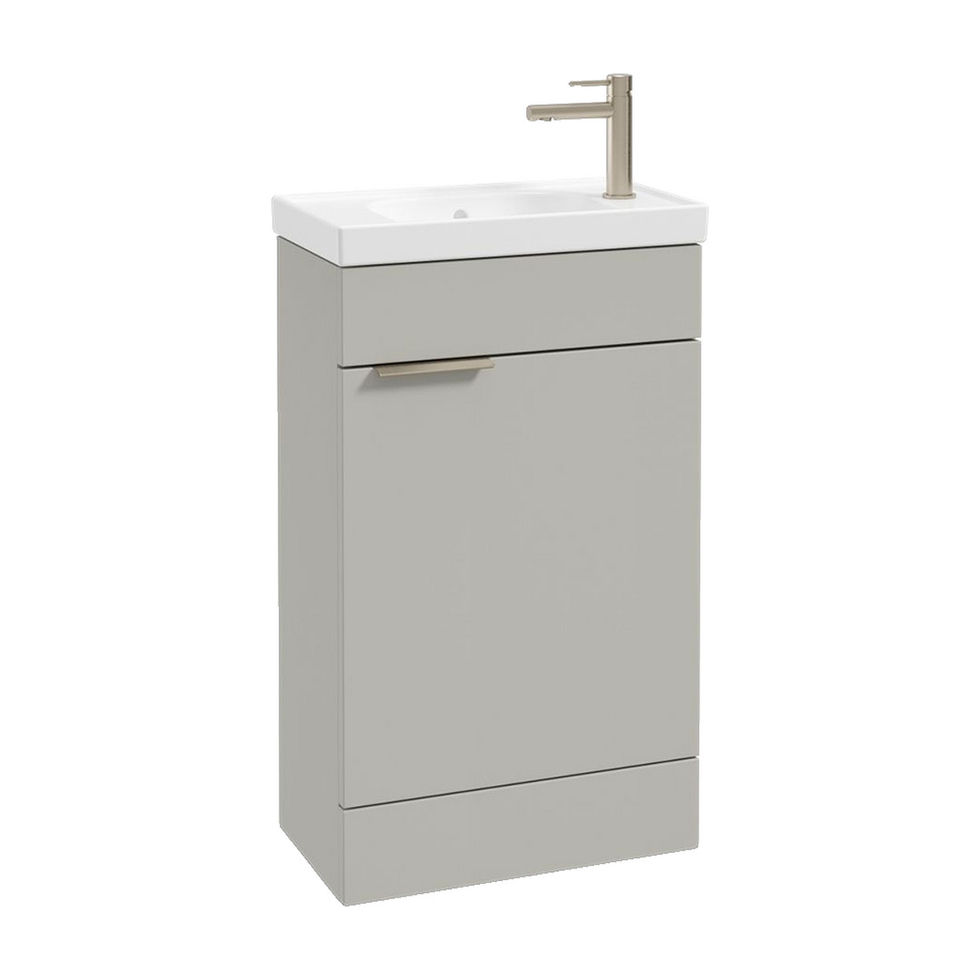 SONAS Stockholm 50cm floorstanding cloakroom vanity unit in Matt Arctic Grey with brushed nickel handles
