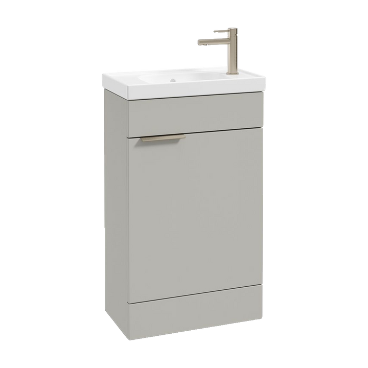 SONAS Stockholm 50cm floorstanding cloakroom vanity unit in Matt Arctic Grey with brushed nickel handles