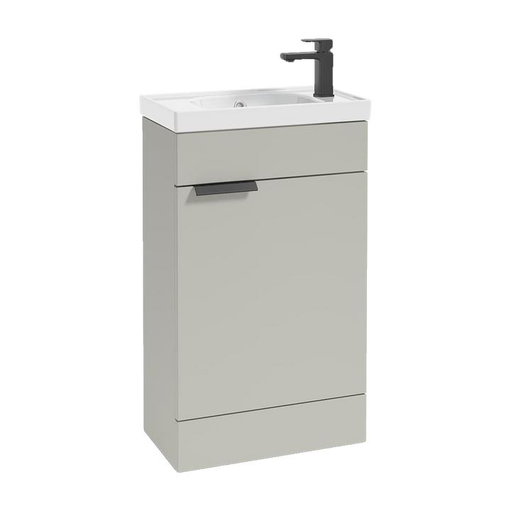 SONAS Stockholm 50cm floorstanding cloakroom vanity unit in Matt Arctic Grey with matt black handles