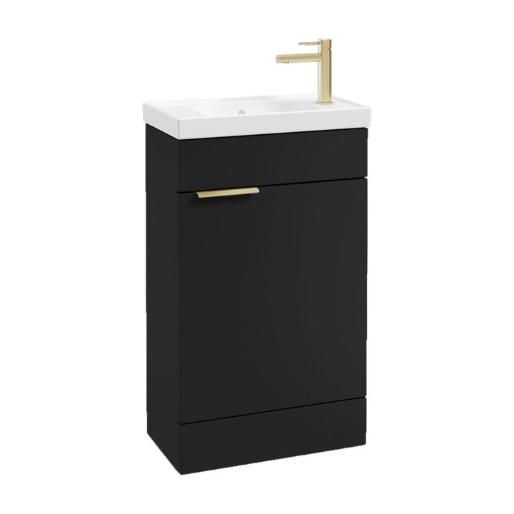 SONAS Stockholm 50cm floorstanding cloakroom vanity unit in Matt Black with brushed gold handles