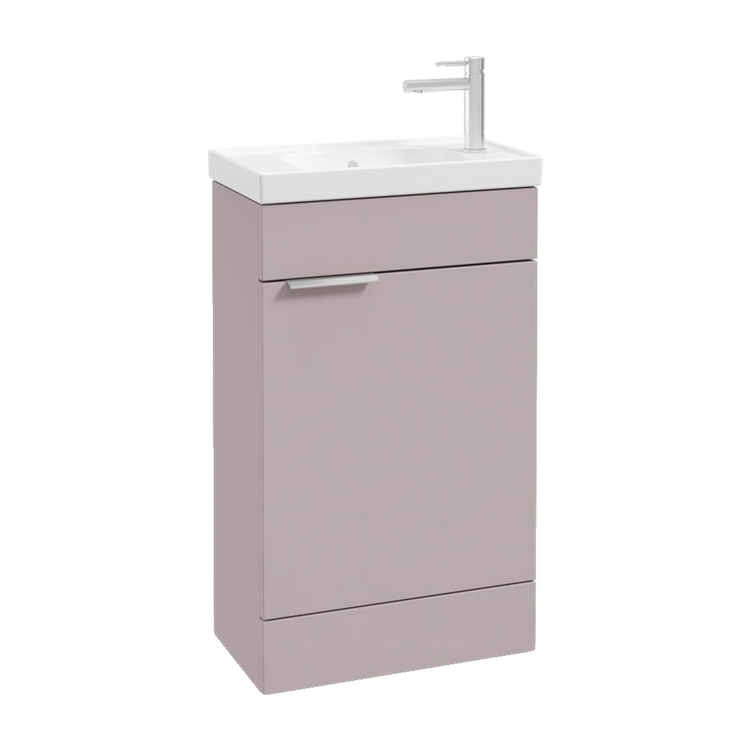 SONAS Stockholm 50cm floorstanding cloakroom vanity unit in Matt Cashmere Pink with brushed chrome handles