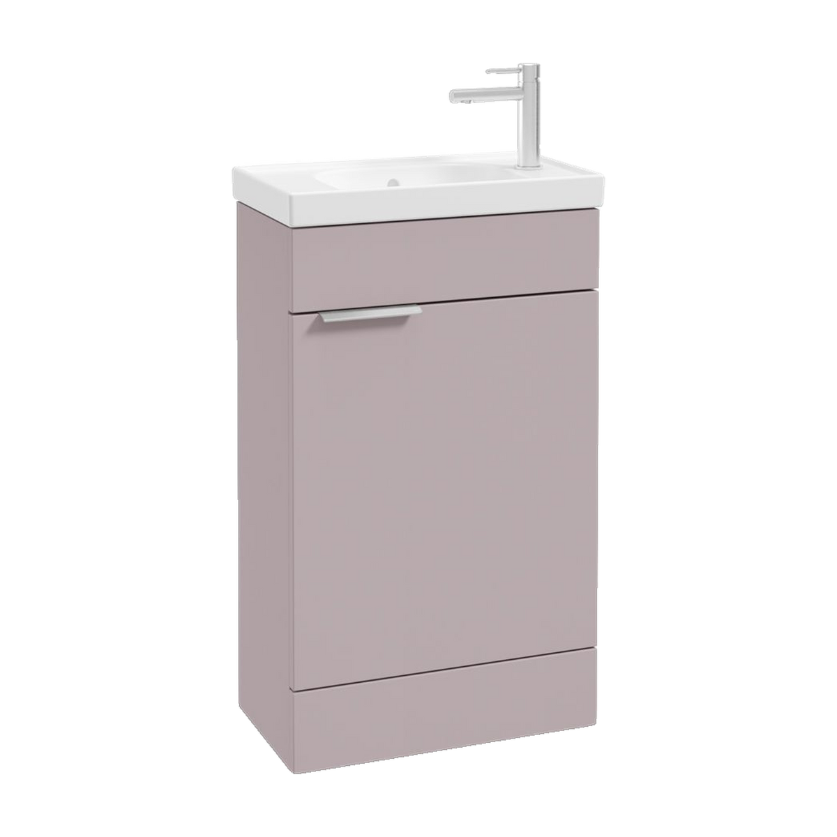 SONAS Stockholm 50cm floorstanding cloakroom vanity unit in Matt Cashmere Pink with brushed chrome handles