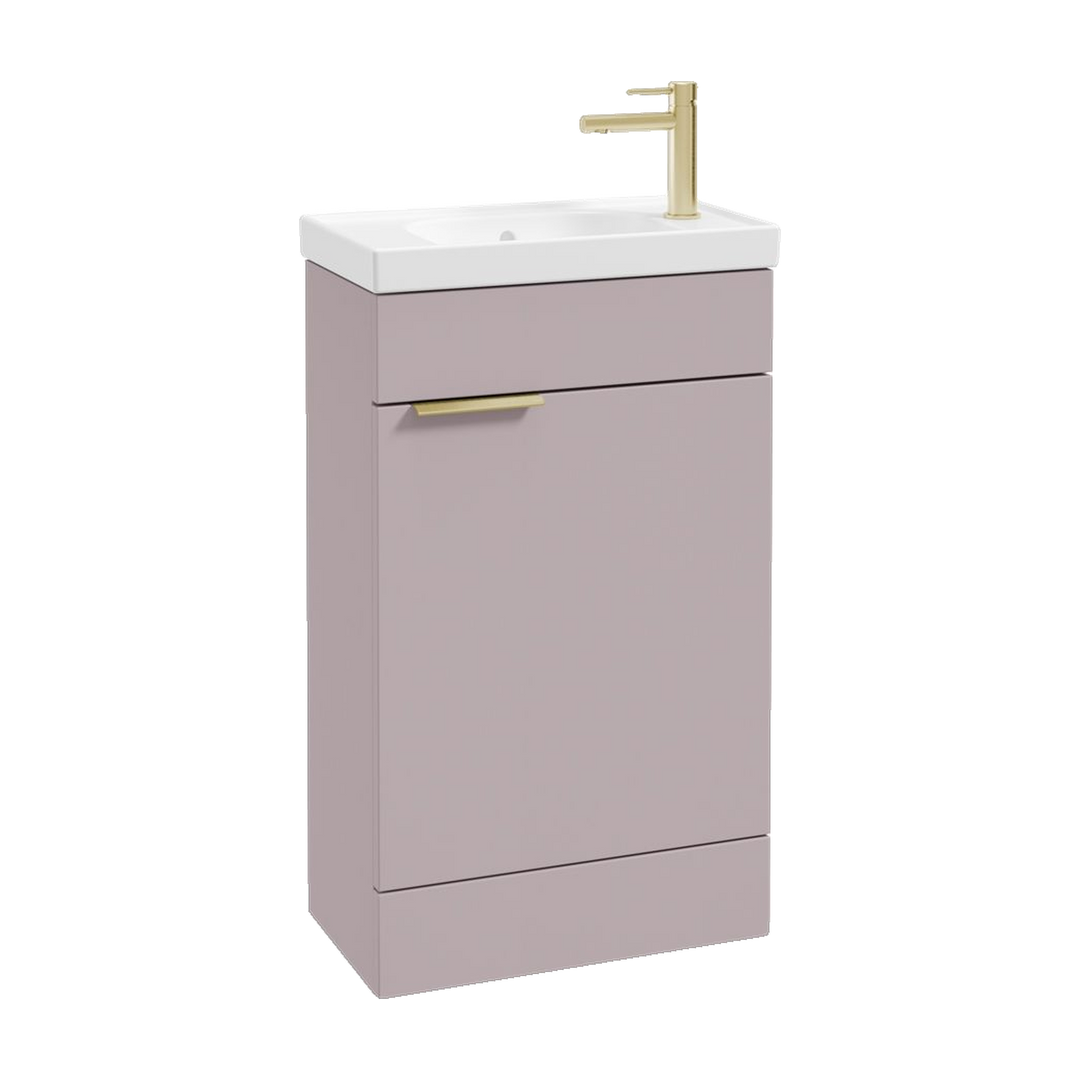 SONAS Stockholm 50cm floorstanding cloakroom vanity unit in Matt Cashmere Pink with brushed gold handles