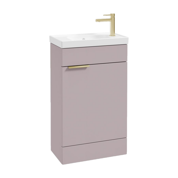 SONAS Stockholm 50cm floorstanding cloakroom vanity unit in Matt Cashmere Pink with brushed gold handles