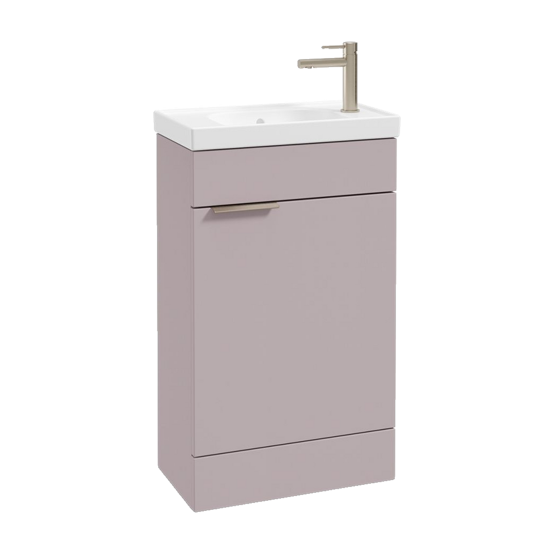 SONAS Stockholm 50cm floorstanding cloakroom vanity unit in Matt Cashmere Pink with brushed nickel handles
