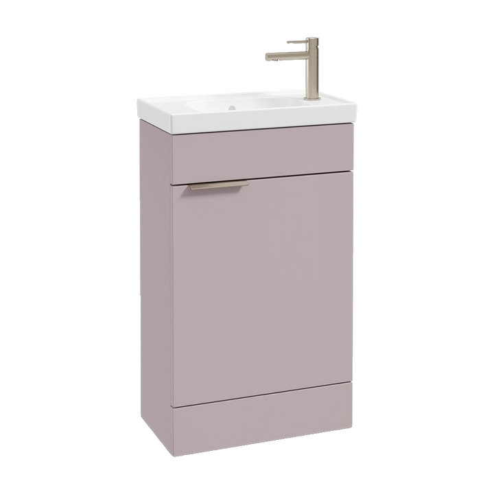 SONAS Stockholm 50cm floorstanding cloakroom vanity unit in Matt Cashmere Pink with brushed nickel handles