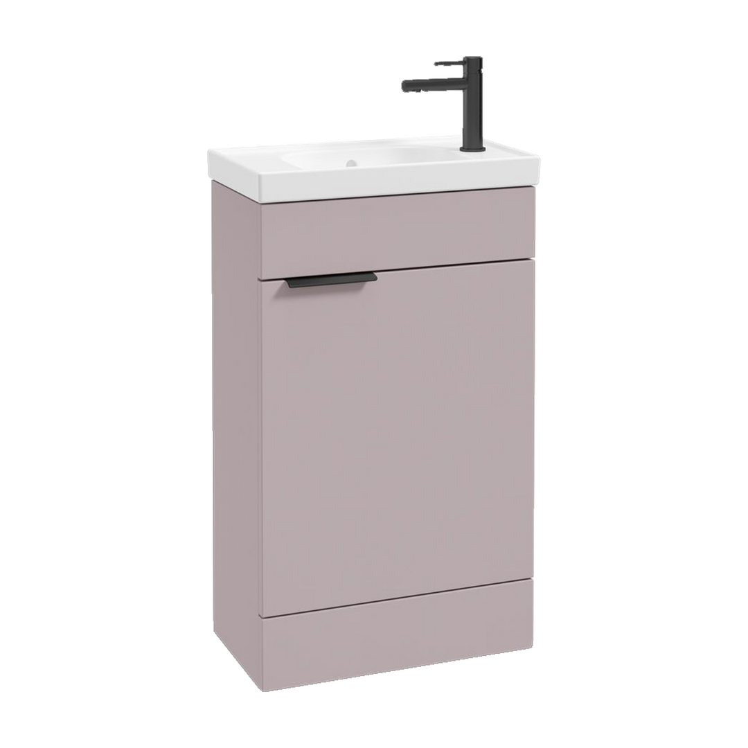 SONAS Stockholm 50cm floorstanding cloakroom vanity unit in Matt Cashmere Pink with matt black handles