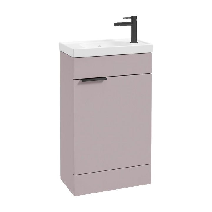 SONAS Stockholm 50cm floorstanding cloakroom vanity unit in Matt Cashmere Pink with matt black handles