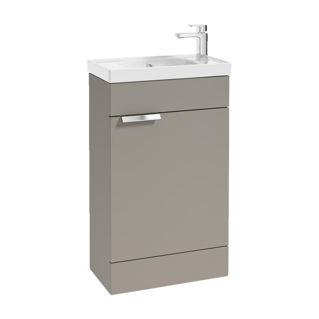 SONAS Stockholm 50cm floorstanding cloakroom vanity unit in Matt Khaki with brushed chrome handles