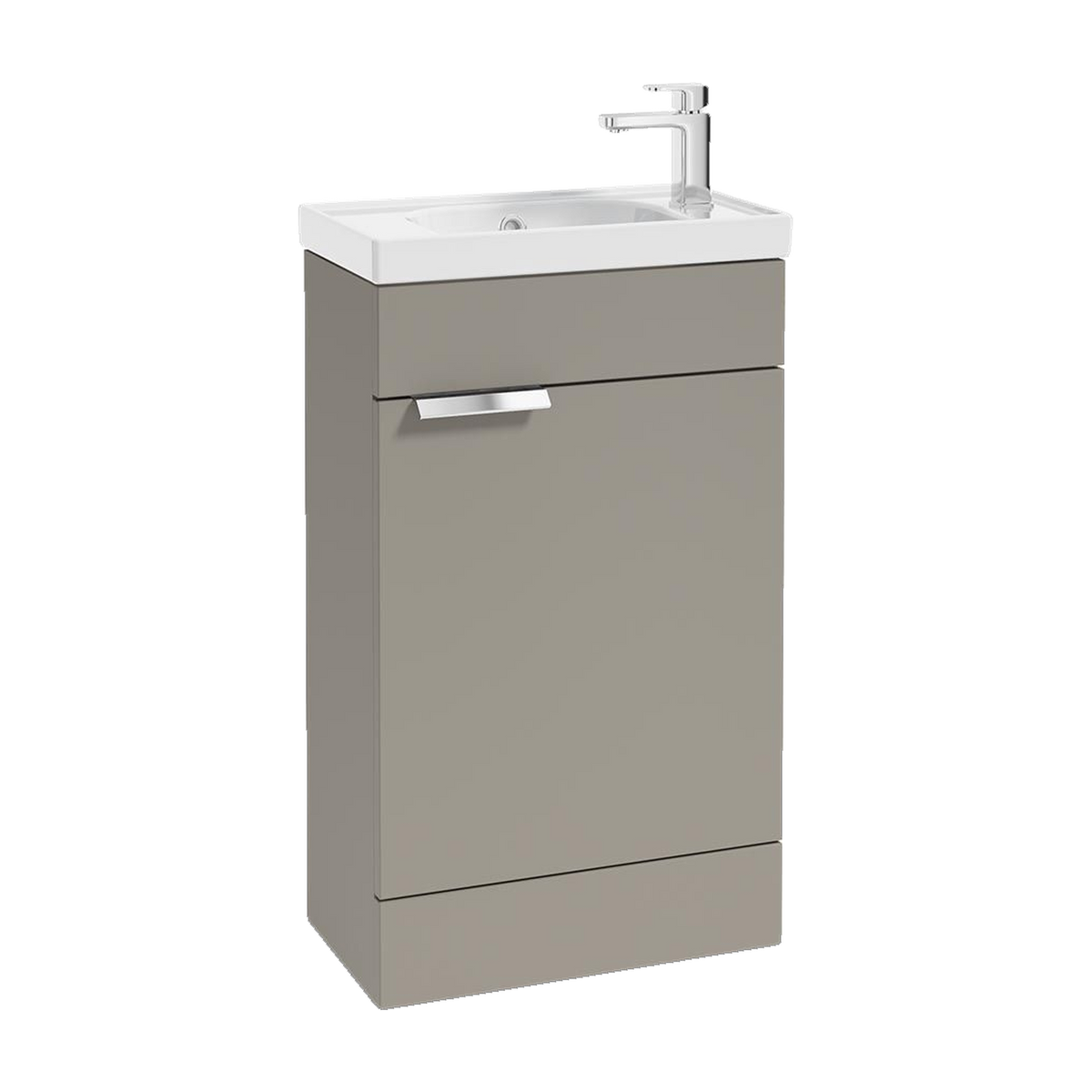SONAS Stockholm 50cm floorstanding cloakroom vanity unit in Matt Khaki with brushed chrome handles