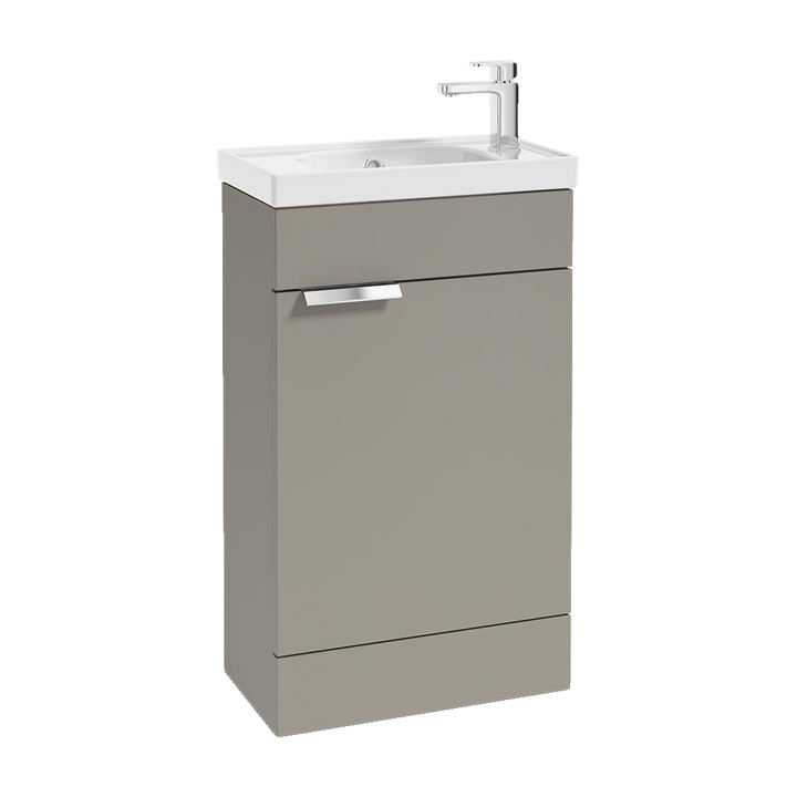 SONAS Stockholm 50cm floorstanding cloakroom vanity unit in Matt Khaki with brushed chrome handles