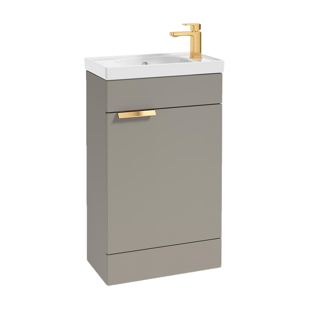 SONAS Stockholm 50cm floorstanding cloakroom vanity unit in Matt Khaki with brushed gold handles