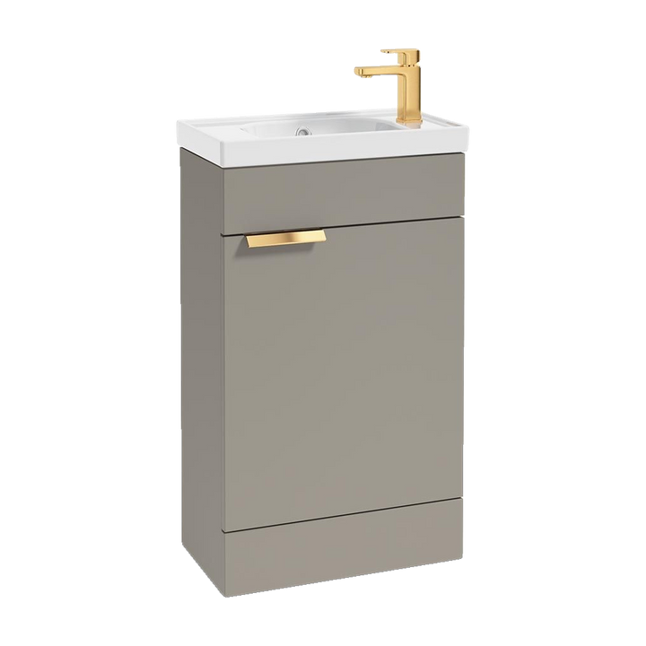 SONAS Stockholm 50cm floorstanding cloakroom vanity unit in Matt Khaki with brushed gold handles
