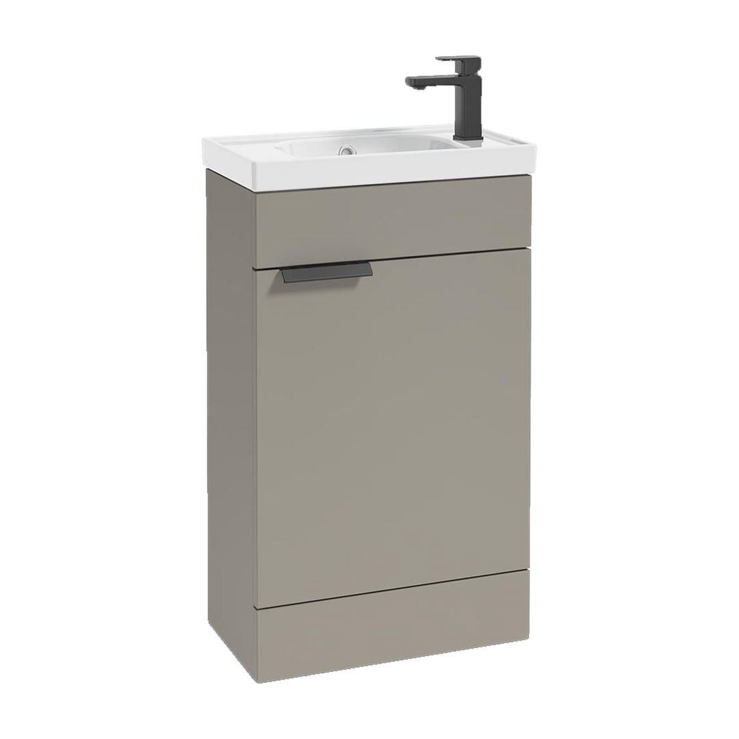 SONAS Stockholm 50cm floorstanding cloakroom vanity unit in Matt Khaki with matt black handles